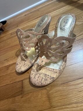 Eurosoft Tan Cork Wedge Mules with Decorative Cutwork